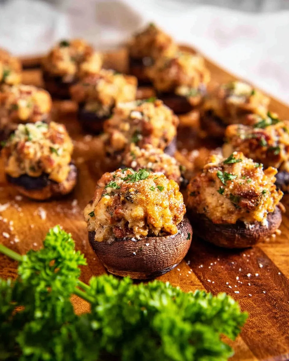 Delicious air fryer sausage stuffed mushrooms cooked to perfection, ready to serve.
