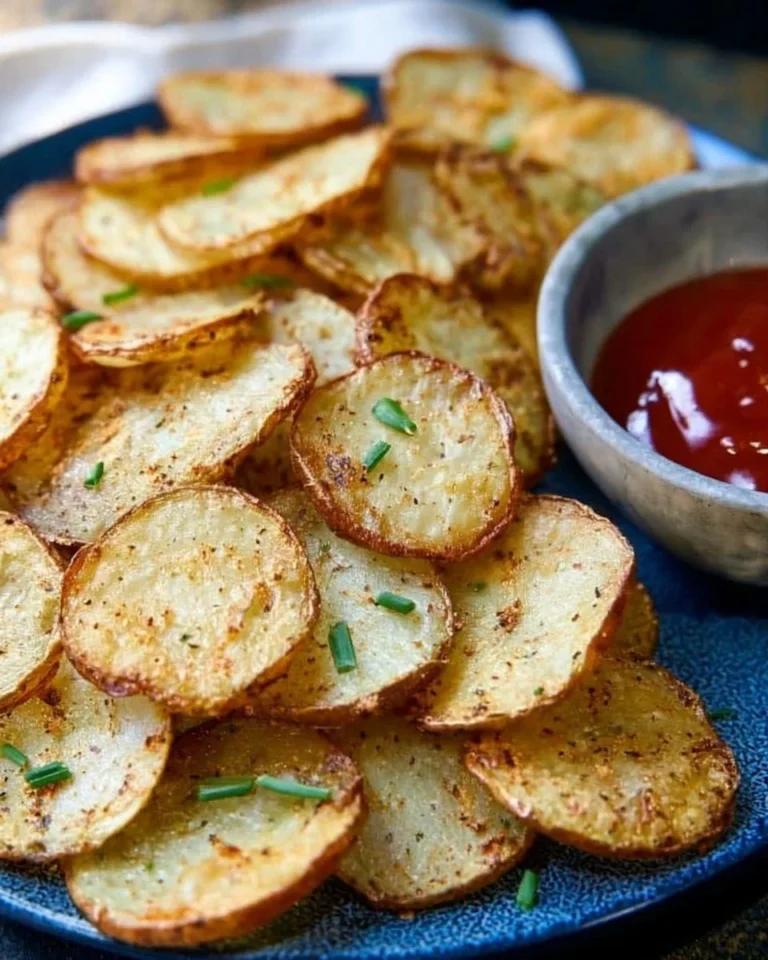 Crispy air fryer sliced potatoes on a plate garnished with herbs.