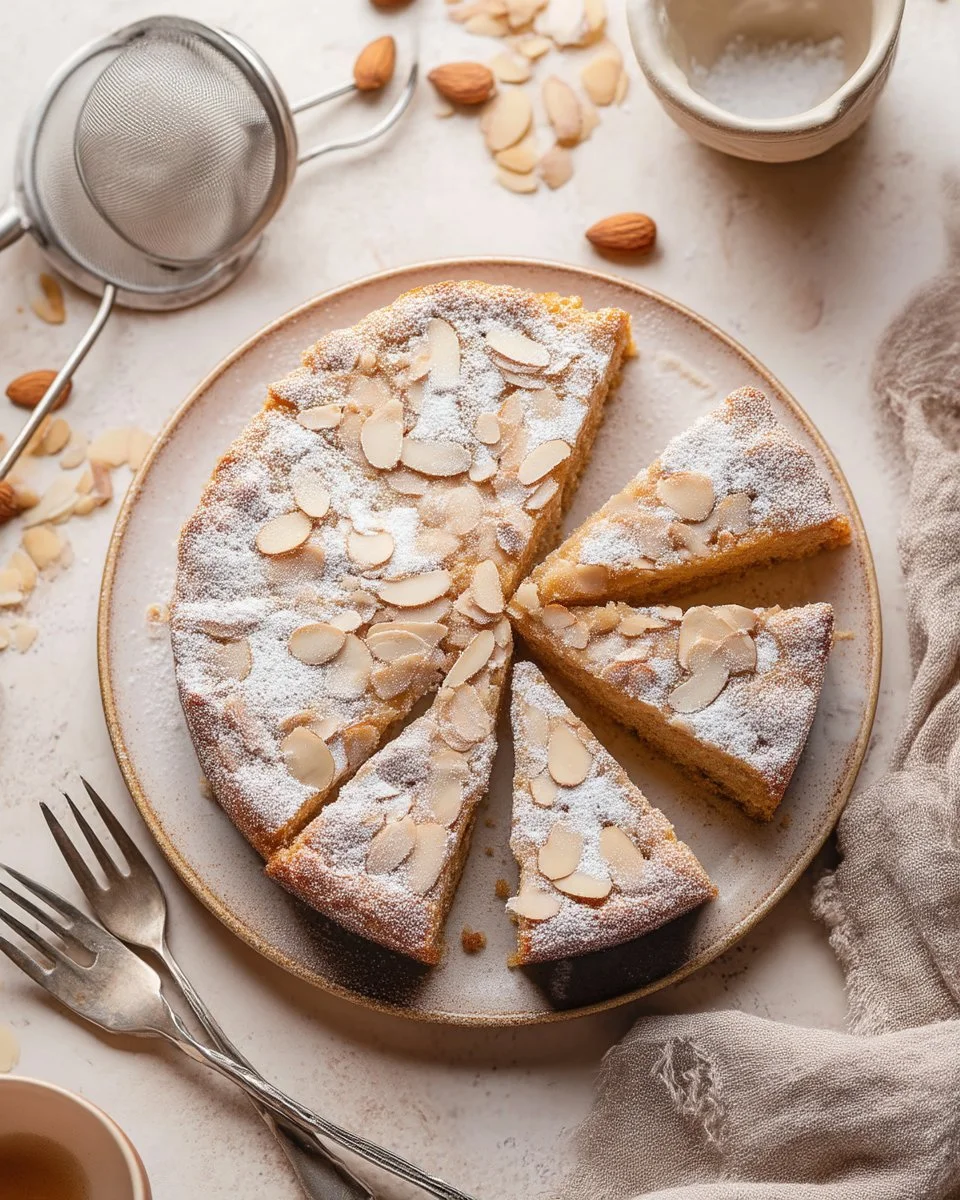 Delicious homemade Almond Cake served on a white plate with almonds on top