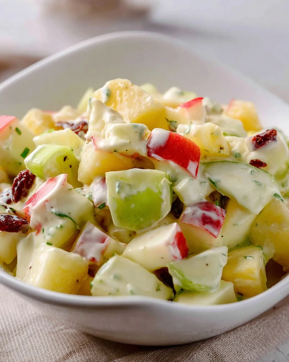 Delicious apple salad featuring creamy yogurt and pudding dressing