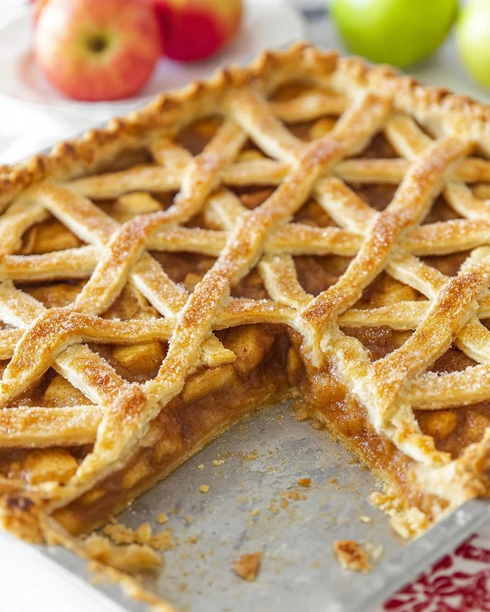 Freshly baked Apple Slab Pie slice on a wooden table