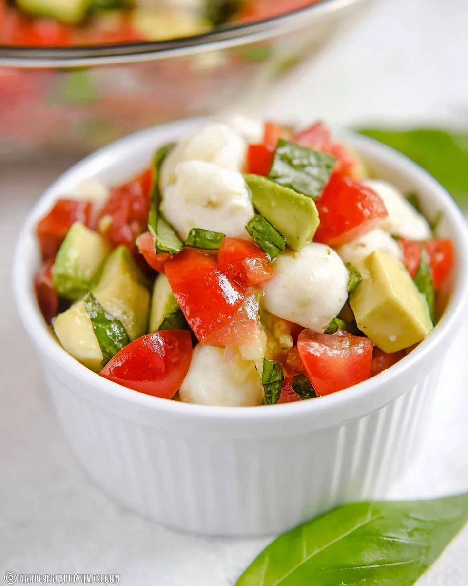 Fresh avocado tomato mozzarella salad with greens