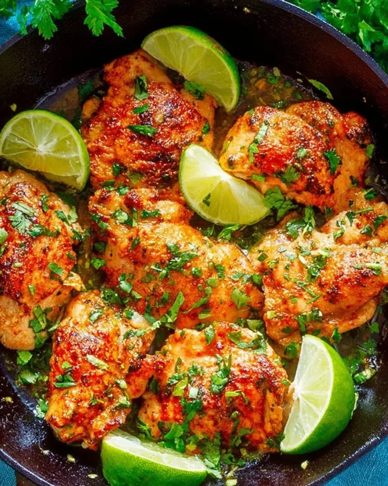 Baked cilantro lime chicken thighs served with fresh herbs and lime slices