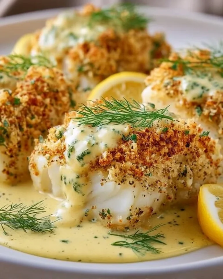 Delicious baked cod served with herbs and lemon slices on a white plate