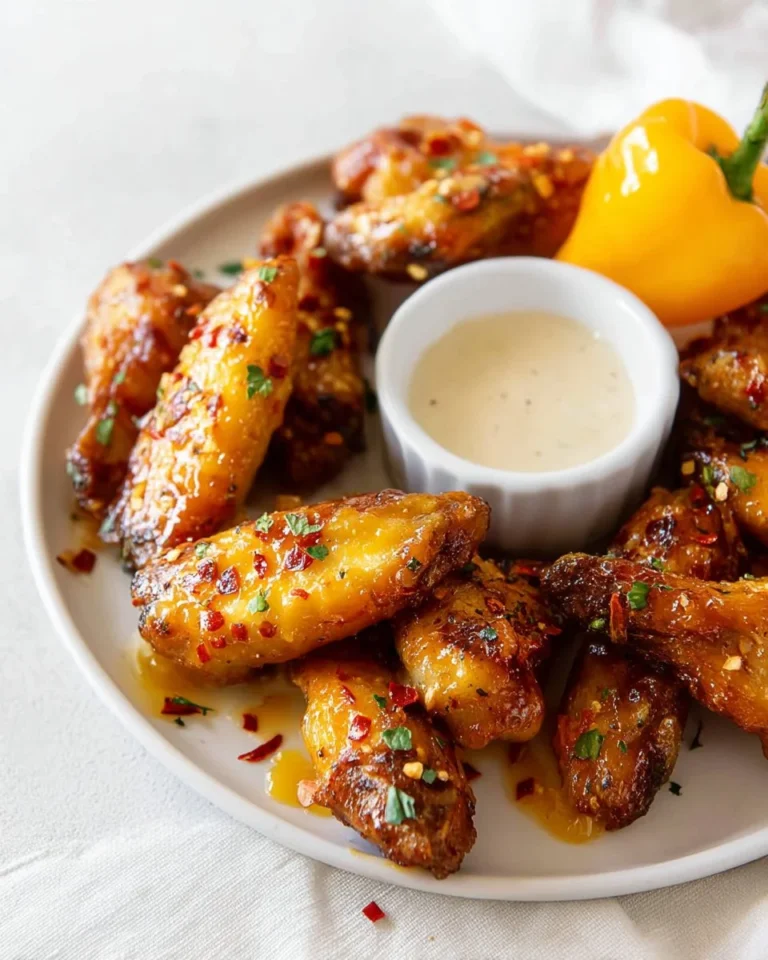 Baked mango habanero chicken wings garnished with fresh herbs