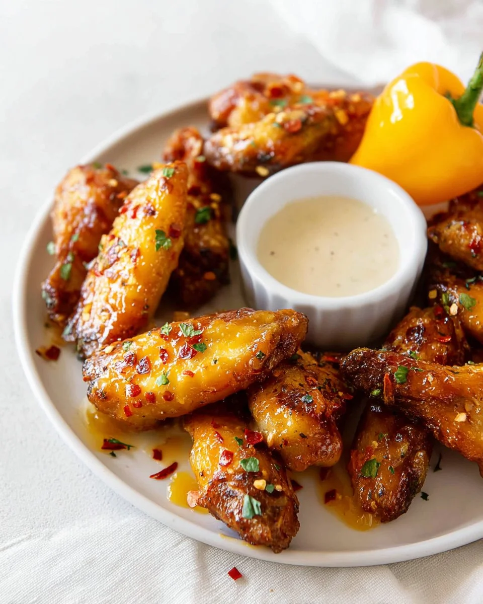 Baked mango habanero chicken wings garnished with fresh herbs