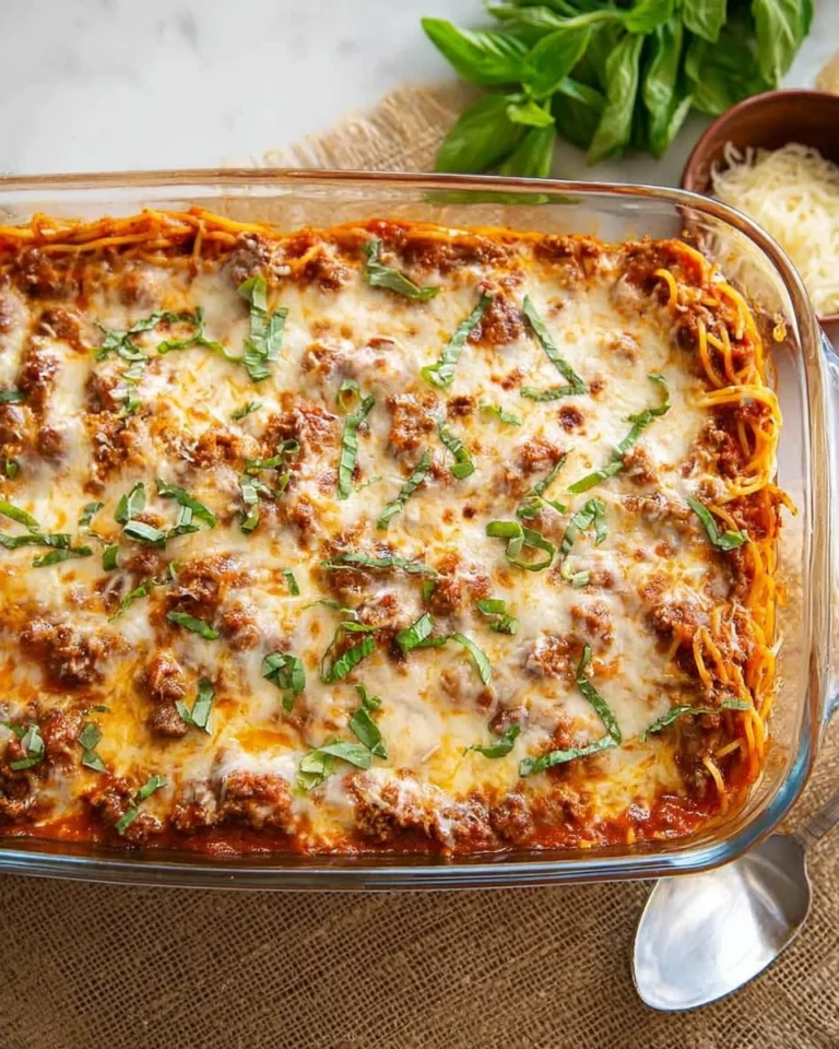 Baked spaghetti casserole topped with melted cheese and fresh herbs