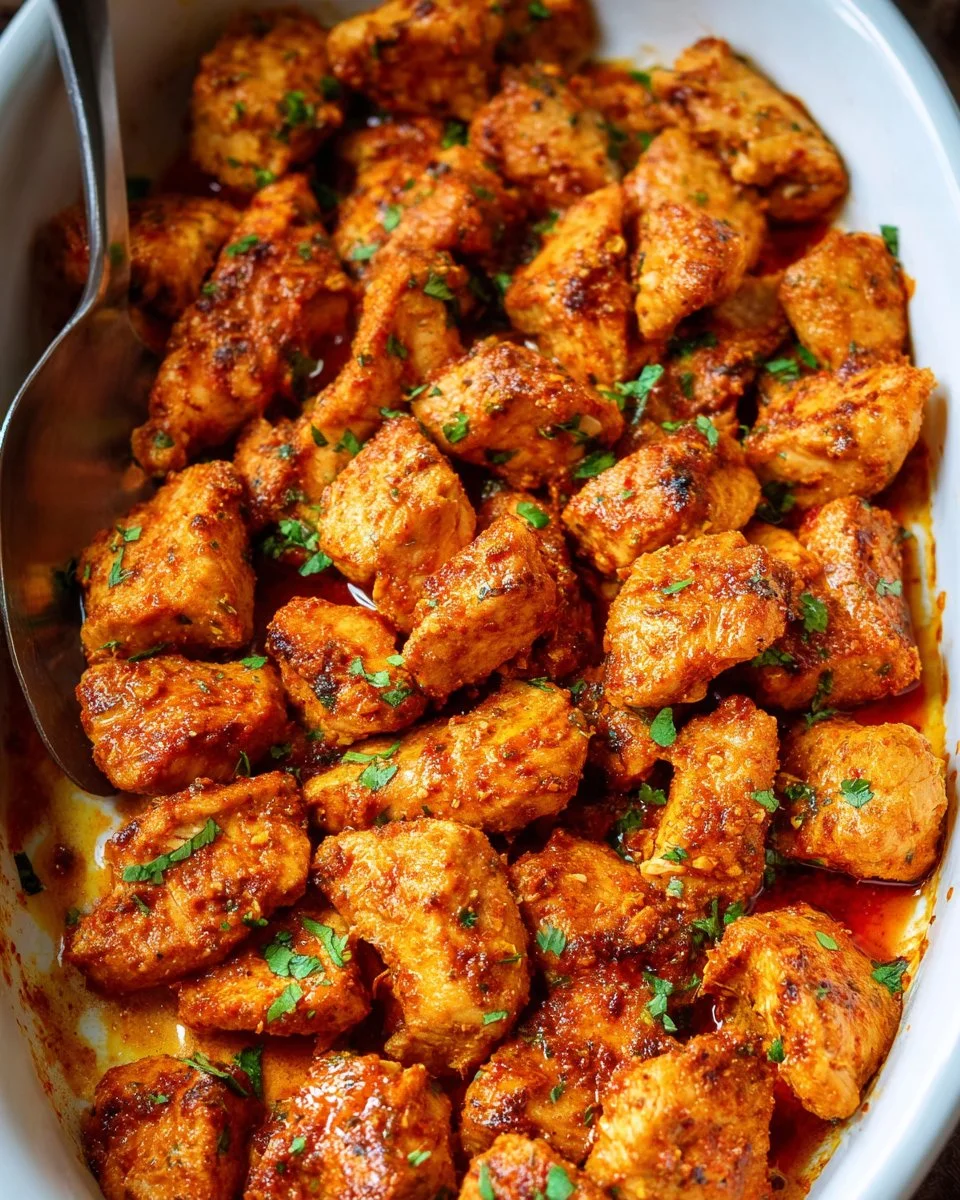 Baked spicy chicken bites served with dipping sauce on a plate