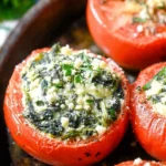 Baked stuffed tomatoes filled with spinach and cottage cheese on a plate.