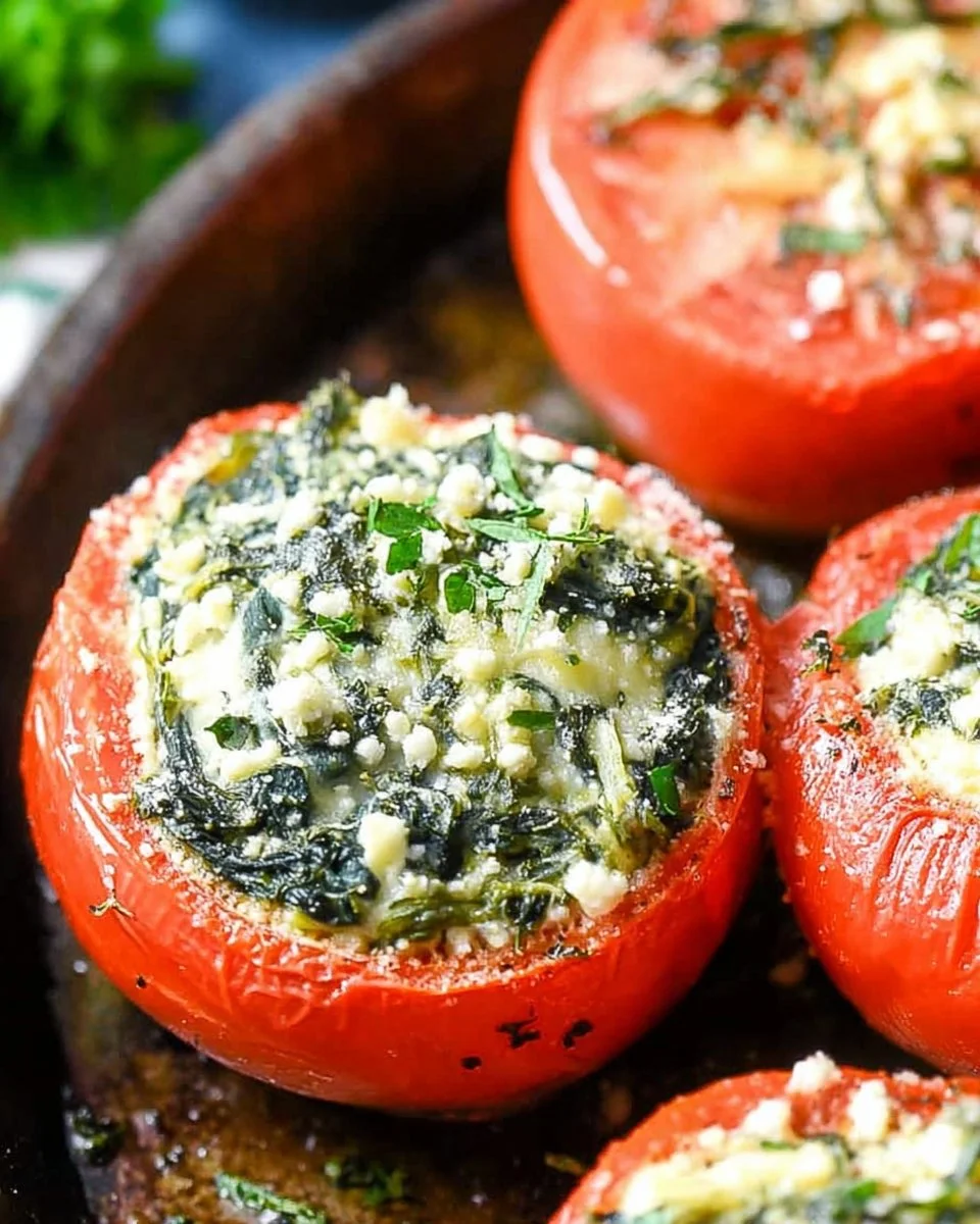 Baked stuffed tomatoes filled with spinach and cottage cheese on a plate.