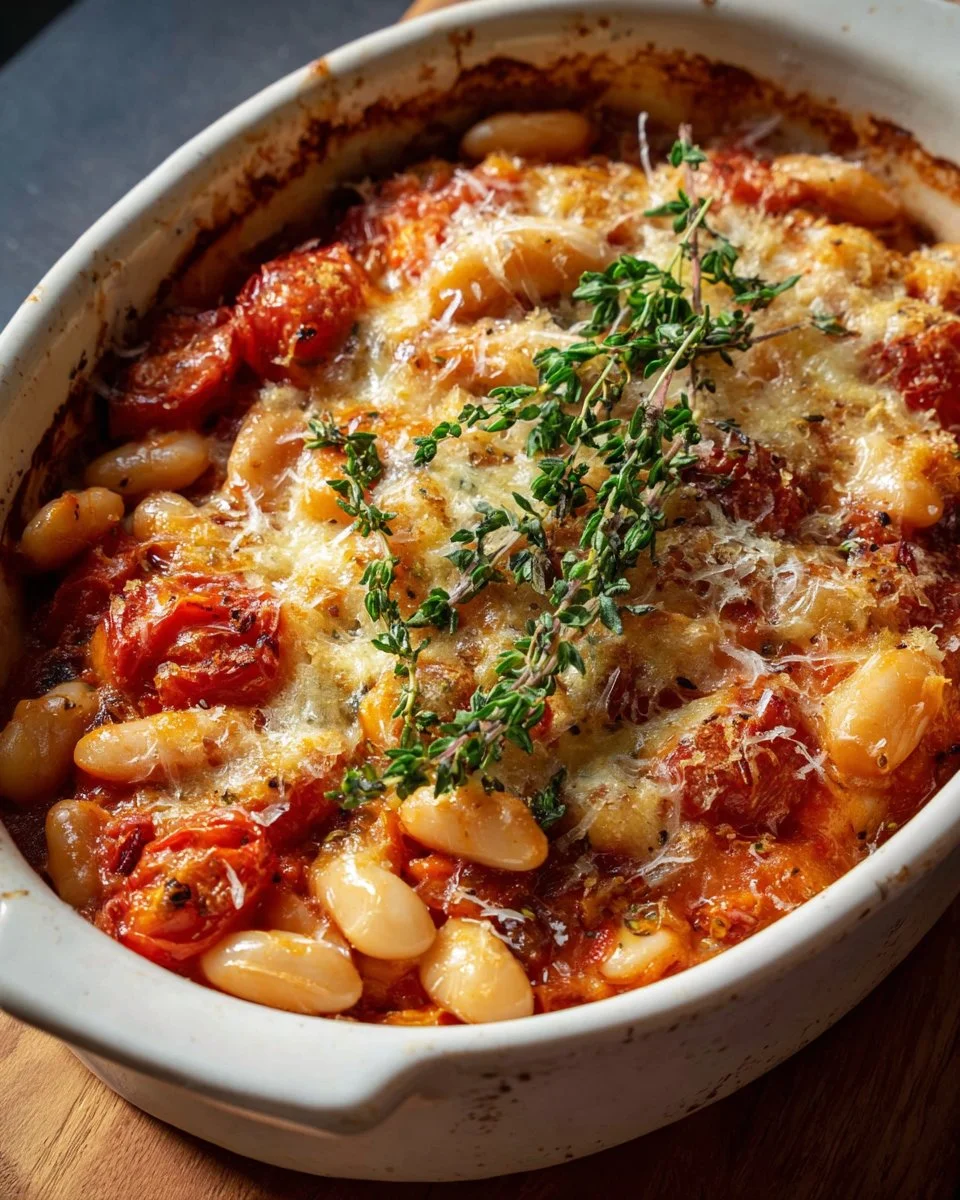 Delicious baked white bean dish served in a bowl with toppings.