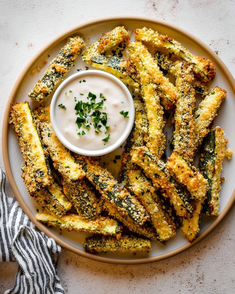 Baked zucchini fries on a plate served with dipping sauce