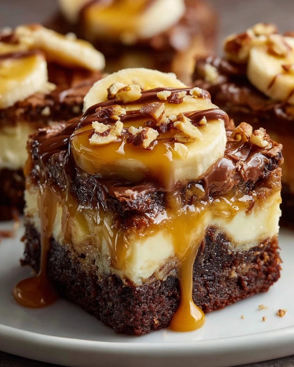 Delicious banana pudding brownies topped with whipped cream and banana slices