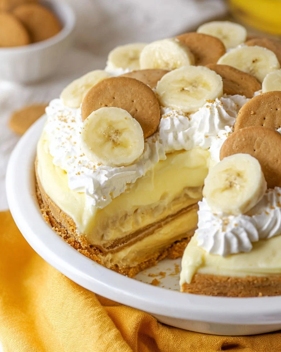 Delicious Banana Pudding Pie with layers of cream and fresh bananas
