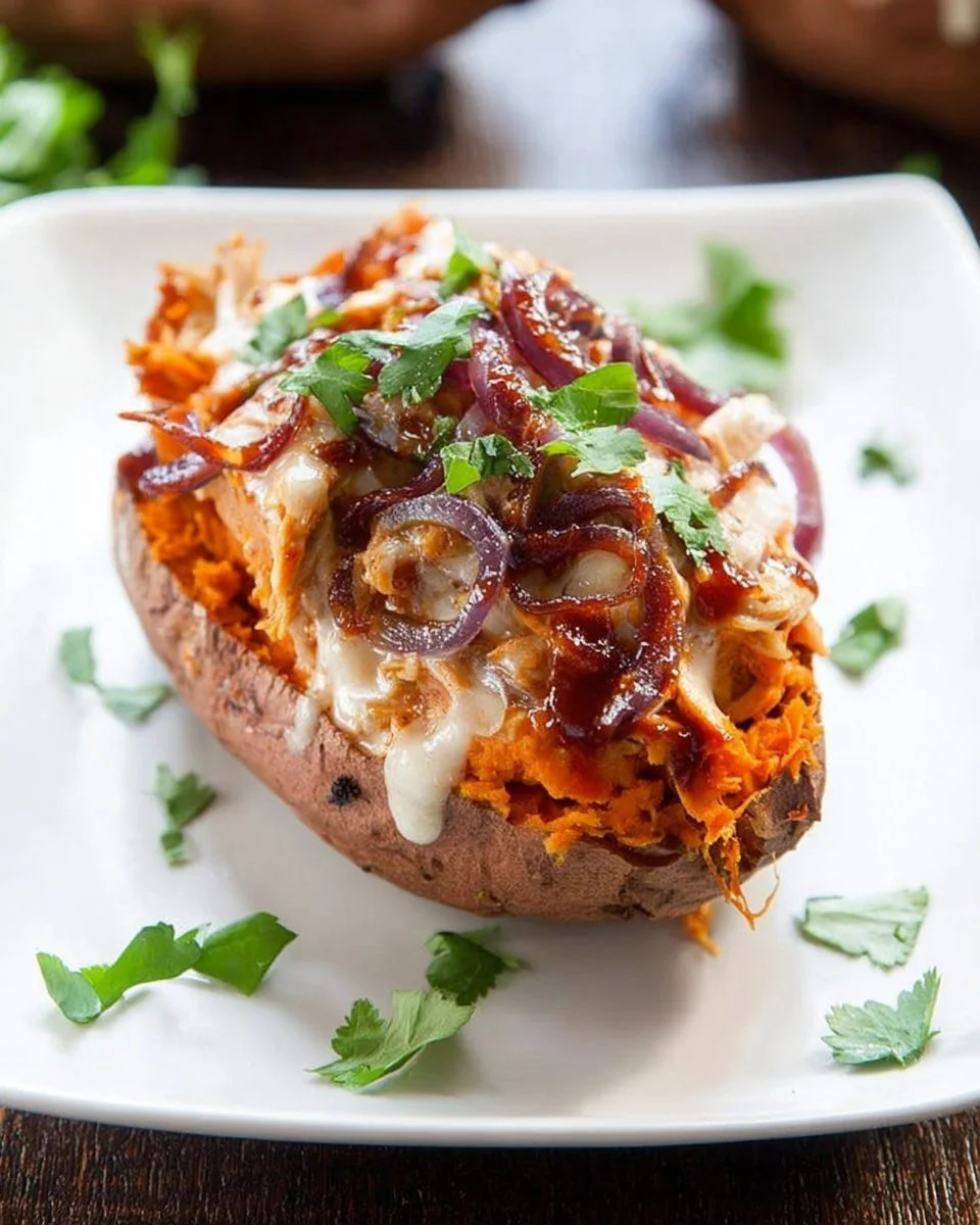 BBQ chicken stuffed in twice baked sweet potatoes garnished with green onions.