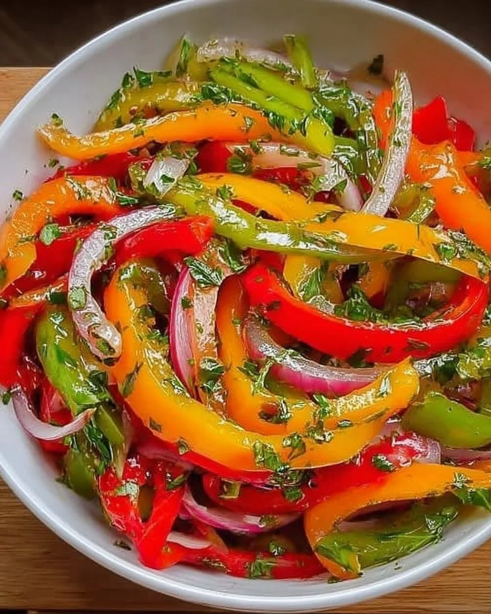 Colorful bell pepper salad with fresh vegetables and dressing