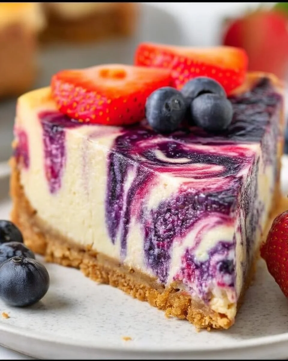 Delicious berry cheesecake topped with fresh berries and cream