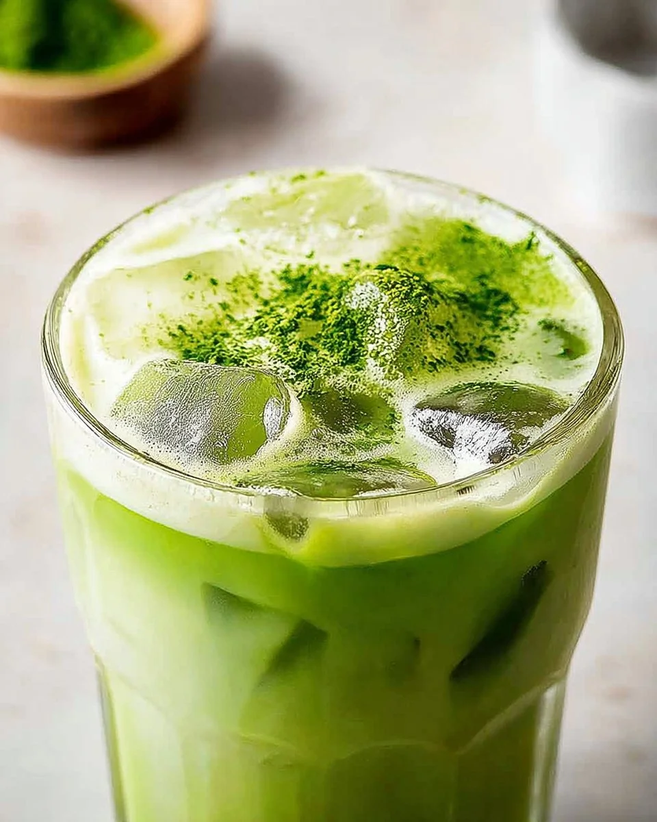 Delicious easy iced matcha latte in a glass with ice and matcha powder