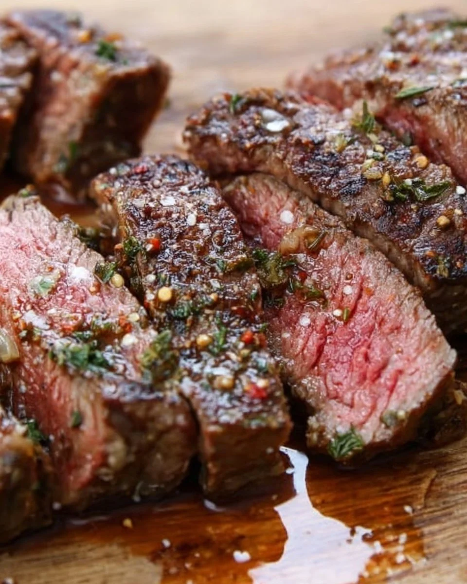 A delicious steak marinated in herbs and spices for grilling