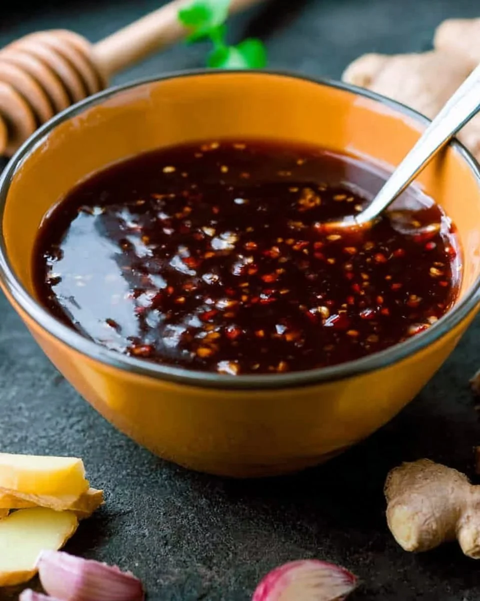 Bowl of homemade teriyaki sauce with fresh ingredients and garnishes