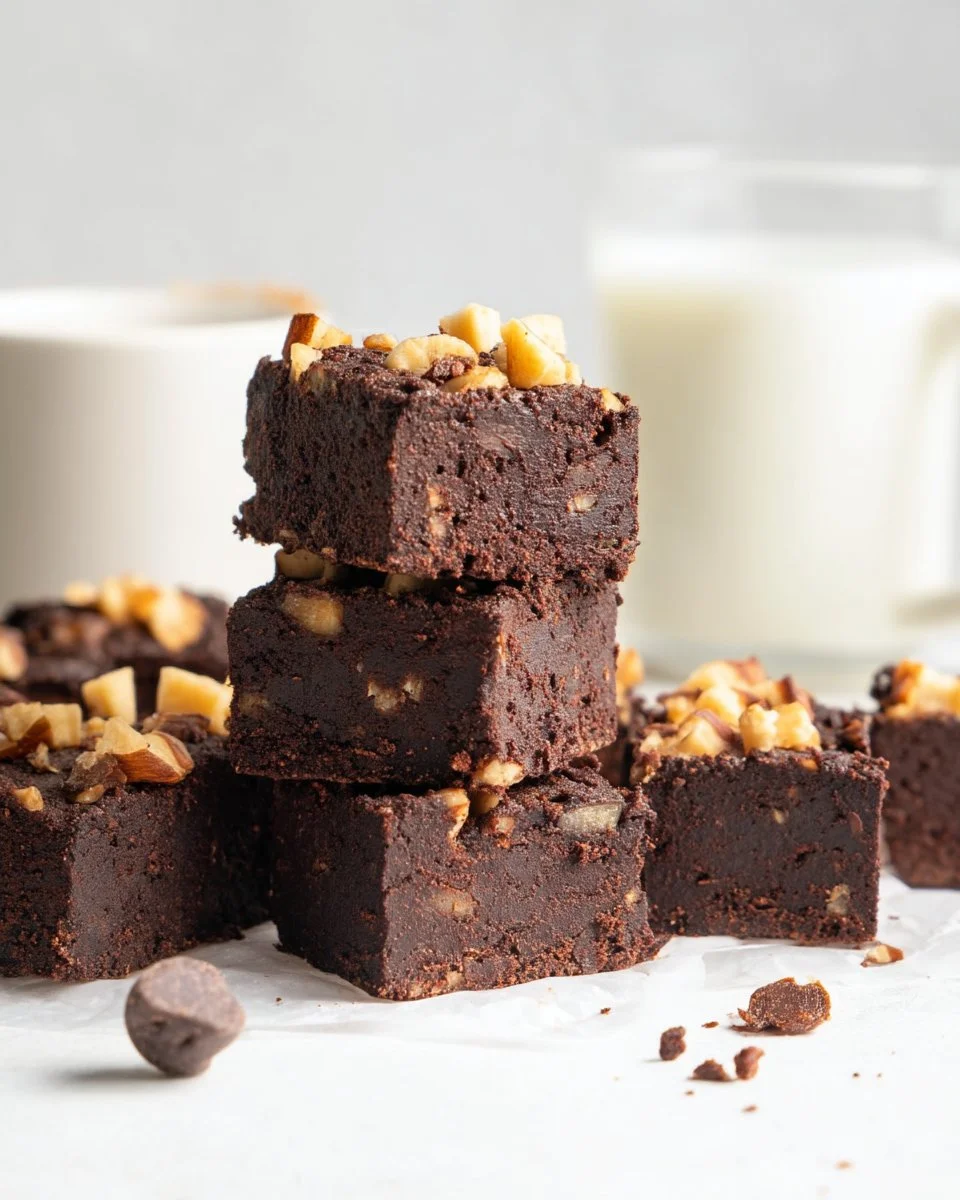 Image of rich black bean brownies topped with chocolate drizzle