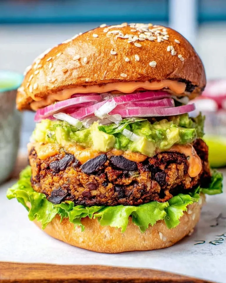 Delicious black bean burger topped with fresh vegetables on a rustic bun.