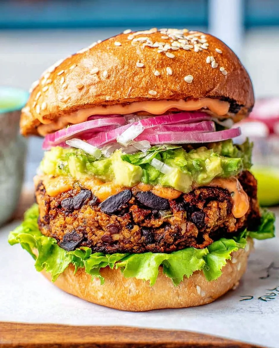 Delicious black bean burger topped with fresh vegetables on a rustic bun.