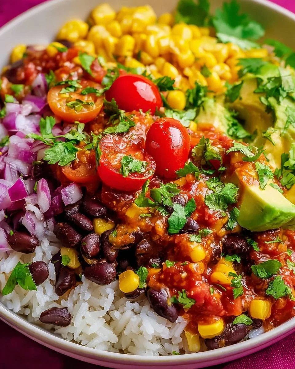 Delicious Black Bean Burrito Bowl Salad with fresh vegetables and toppings