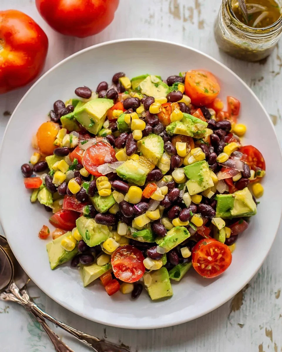 Black bean corn avocado salad drizzled with cumin lime vinaigrette