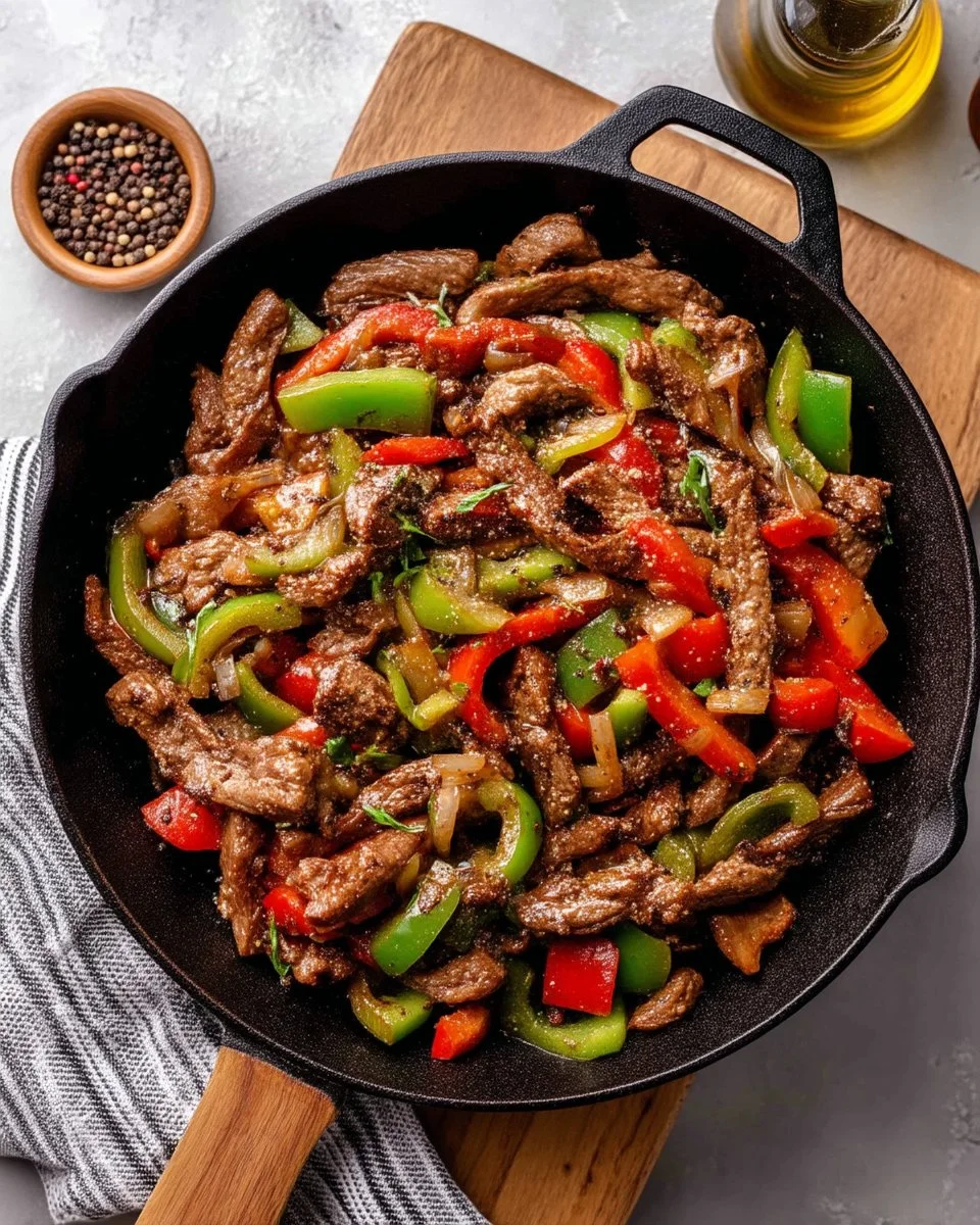 Plate of black pepper beef stir-fry with vegetables and rice