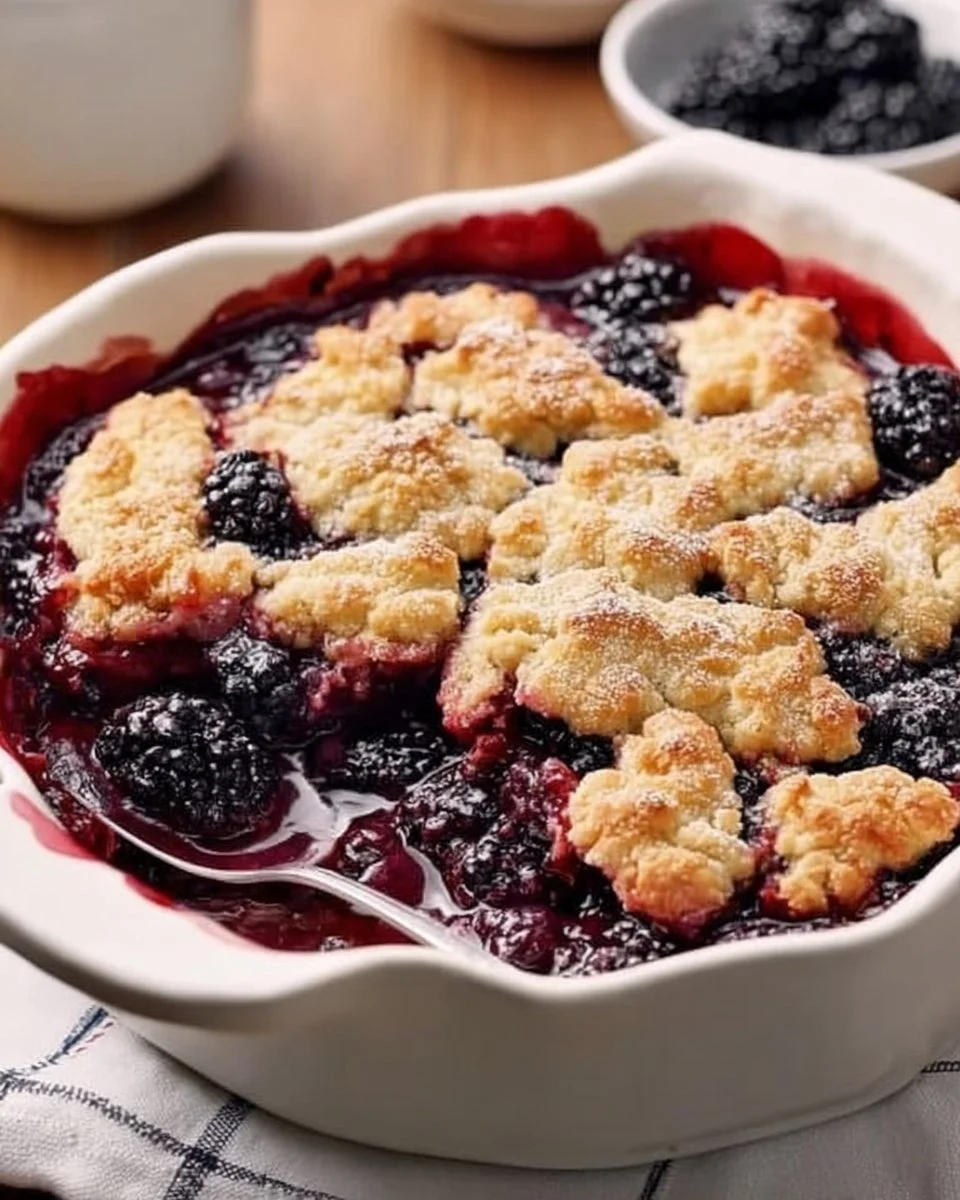 Freshly baked blackberry cobbler topped with a golden crust