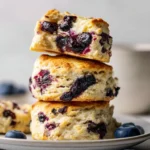 Freshly baked blueberry biscuits on a wooden table