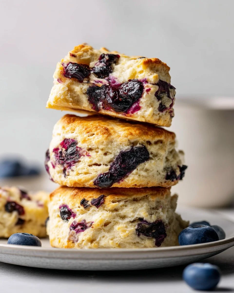 Freshly baked blueberry biscuits on a wooden table