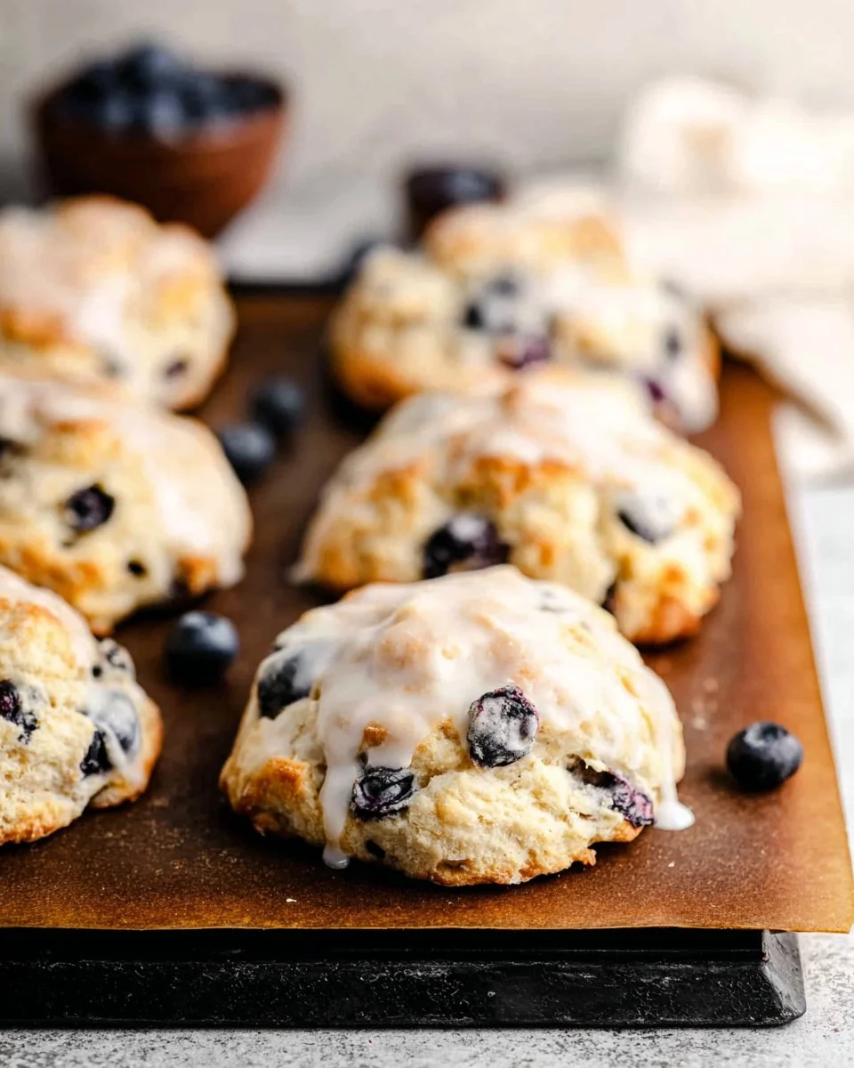 Freshly baked blueberry biscuits with a golden crust and juicy blueberries.
