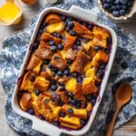 Delicious blueberry bread pudding topped with fresh blueberries and cream