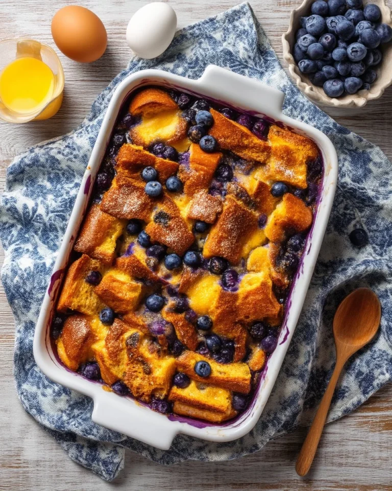 Delicious blueberry bread pudding topped with fresh blueberries and cream