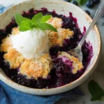 Delicious homemade blueberry cobbler served warm with a scoop of ice cream.