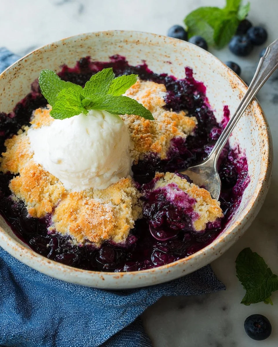 Delicious homemade blueberry cobbler served warm with a scoop of ice cream.