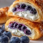 Blueberry cream cheese puff pastry on a plate, garnished with fresh blueberries.