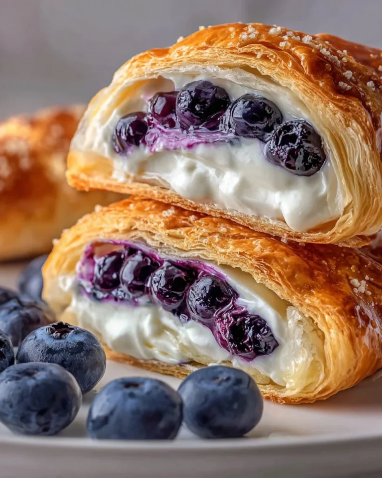 Blueberry cream cheese puff pastry on a plate, garnished with fresh blueberries.