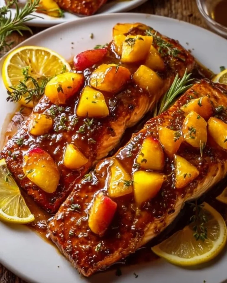 Bourbon Peach Roasted Salmon served on a plate with garnishes.