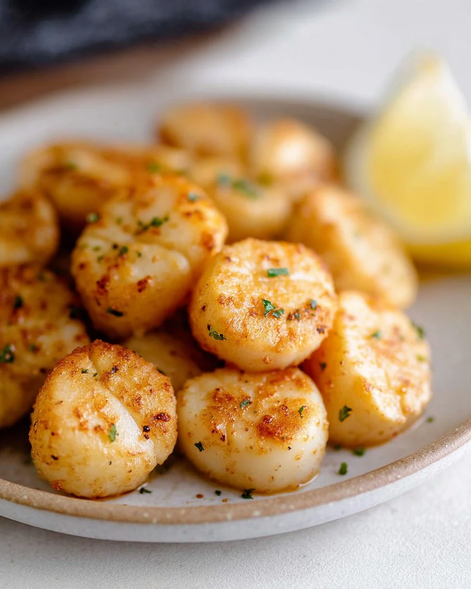 Deliciously broiled scallops served with a garnish on a plate.