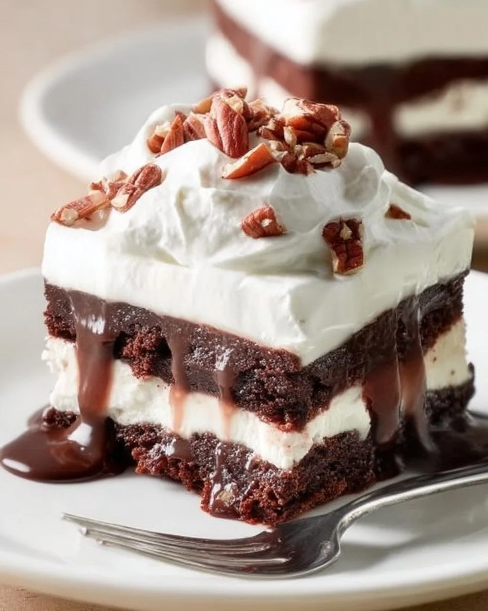 Decadent Brownie Delight topped with chocolate drizzle and nuts