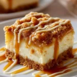 Delicious caramel apple cheesecake bars topped with caramel drizzle