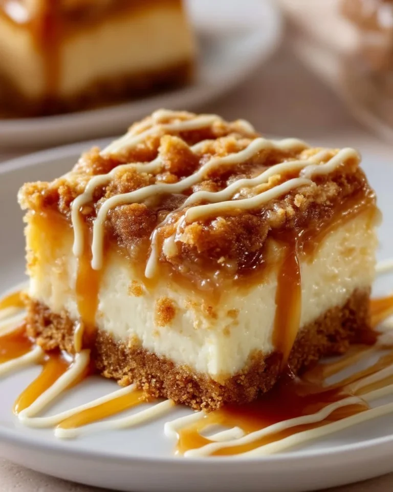 Delicious caramel apple cheesecake bars topped with caramel drizzle