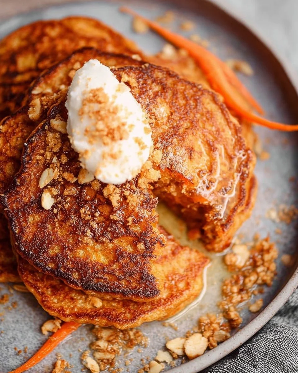 Plate of fluffy carrot oat pancakes topped with syrup and fresh fruit
