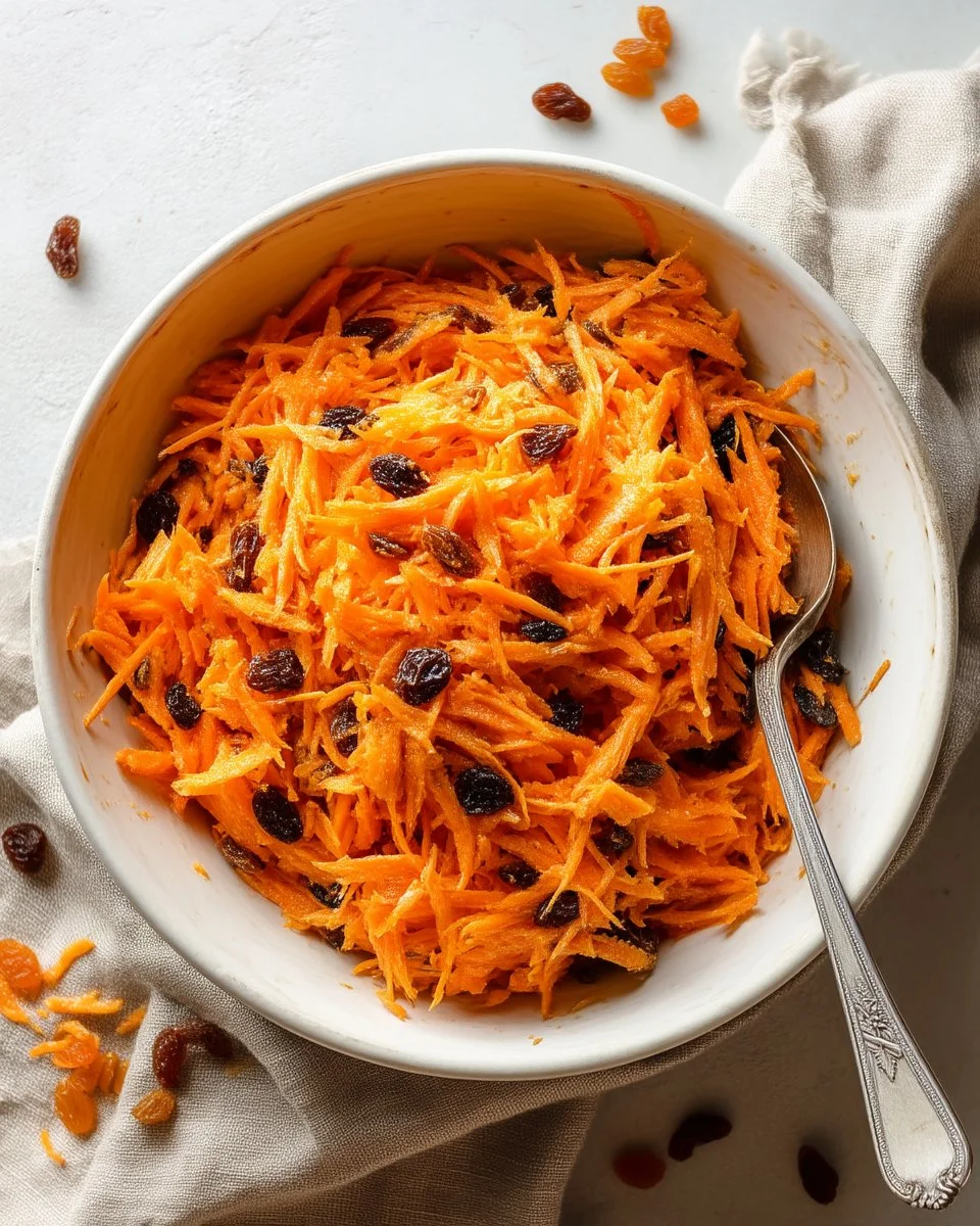 Colorful carrot raisin salad with grated carrots and sweet raisins in a bowl