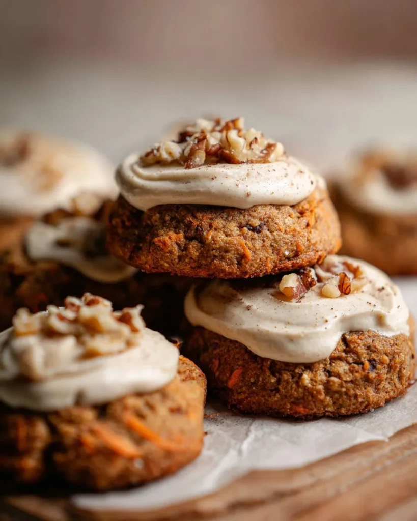 Carrot Walnut Cookies with Cashew Cream Cheese Frosting on a plate