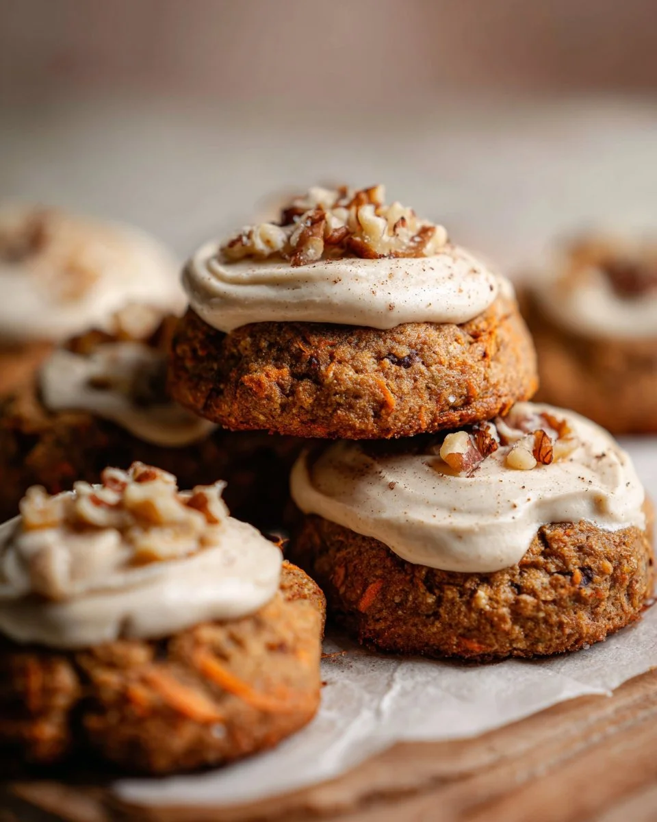 Carrot Walnut Cookies with Cashew Cream Cheese Frosting on a plate