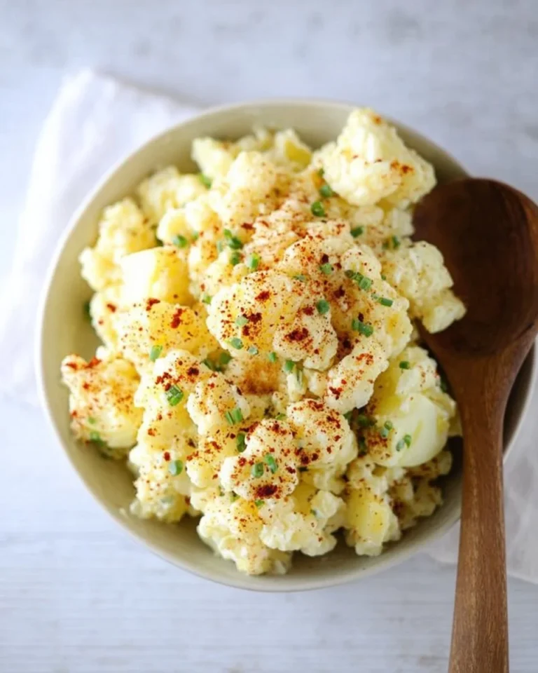 A vibrant bowl of Cauliflower Potato Salad garnished with herbs